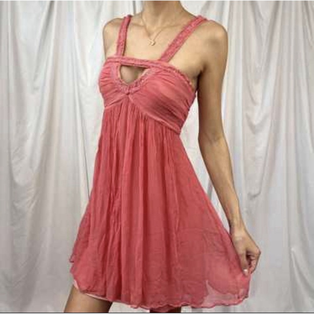 BCBGMAXAZRIA Silk Beaded Babydoll Dress Womens Size 8 Watermelon Pink Y2K Party